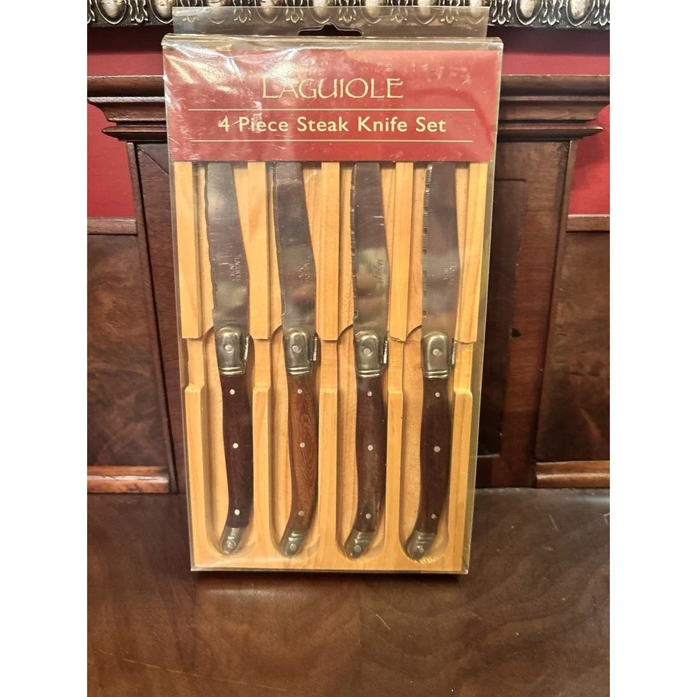 Laguiole 4 Pc Steak Knife Set Wood Handle‎ Stainless Serrated Blades NIB Vintage